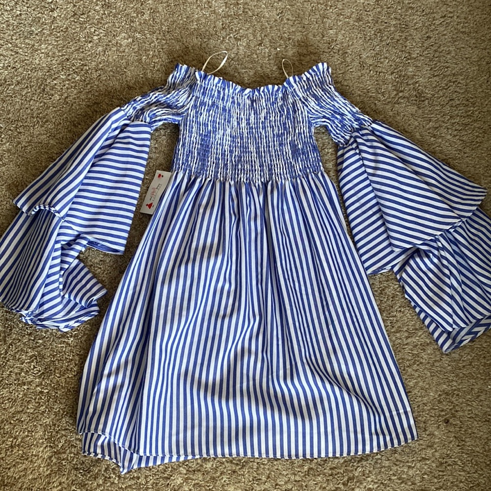 blue and white striped off the shoulder dress